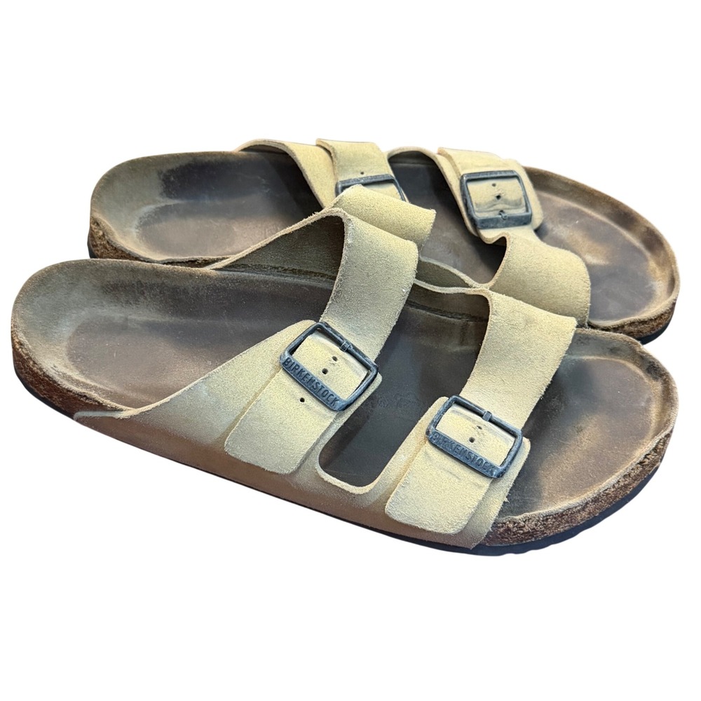 Birkenstock Arizona Tan Suede Two Strap Buckle Cork Sandals Mens 11in Insole